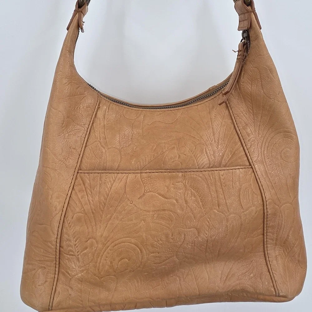 American Leather Co Hobo Bag Large Tan‎ Floral Embossed Leather Purse Slouchy